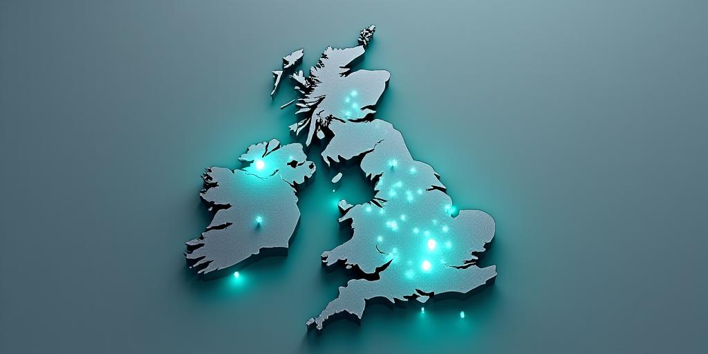 Abstract map visual showing cleaning service coverage across UK and Ireland coastal regions