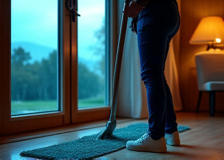 Team member preparing floor protection during heavy rain